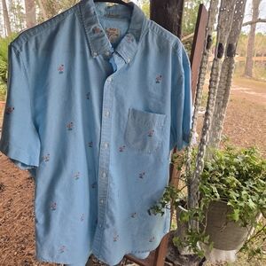 J.Crew Blue Classic Short Sleeve Oxford With Embroidered Pink Flamingo Print XL